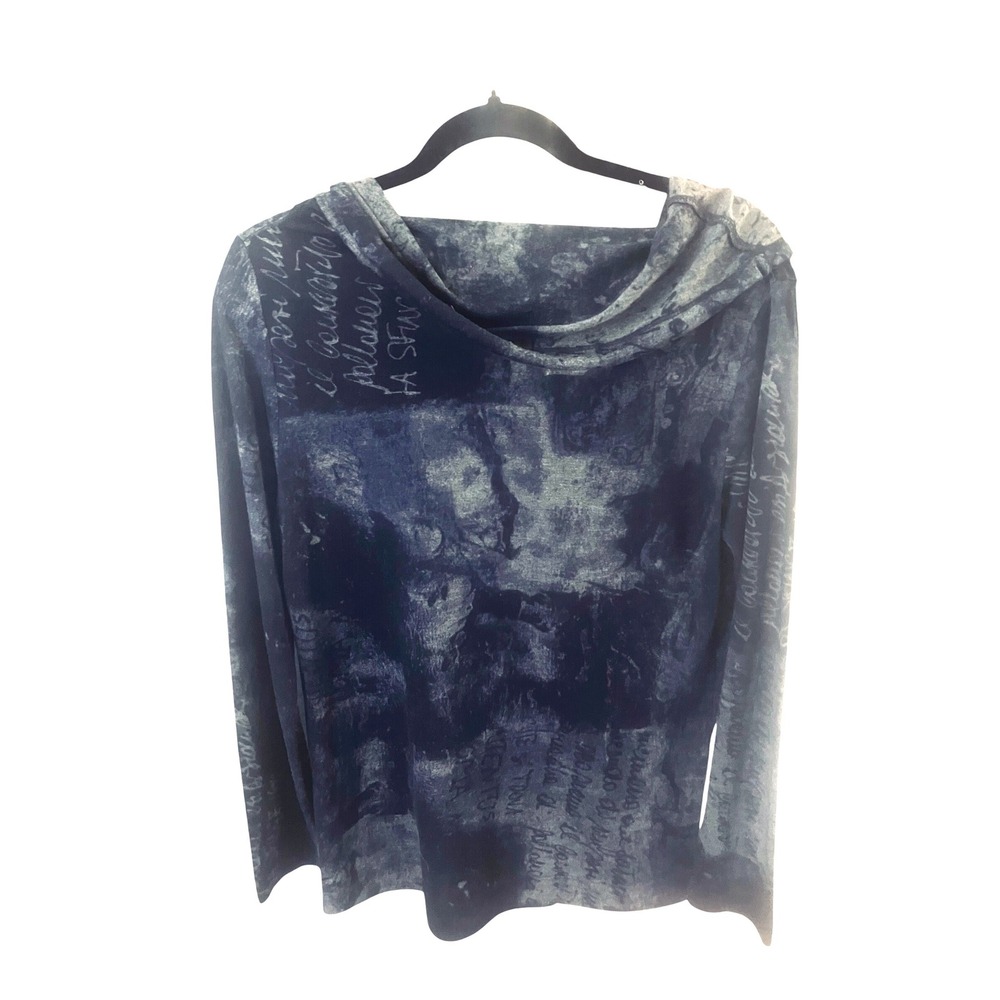 Lauren Vidal Womens Top L Blue Acid Wash Script Print Cowl Neck Long Sleeve